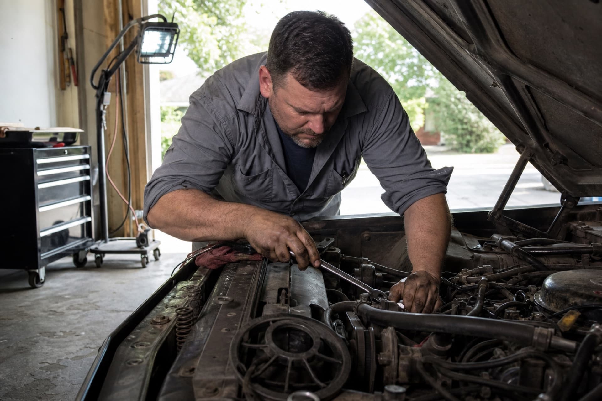 Man working on a car engine in a home garage