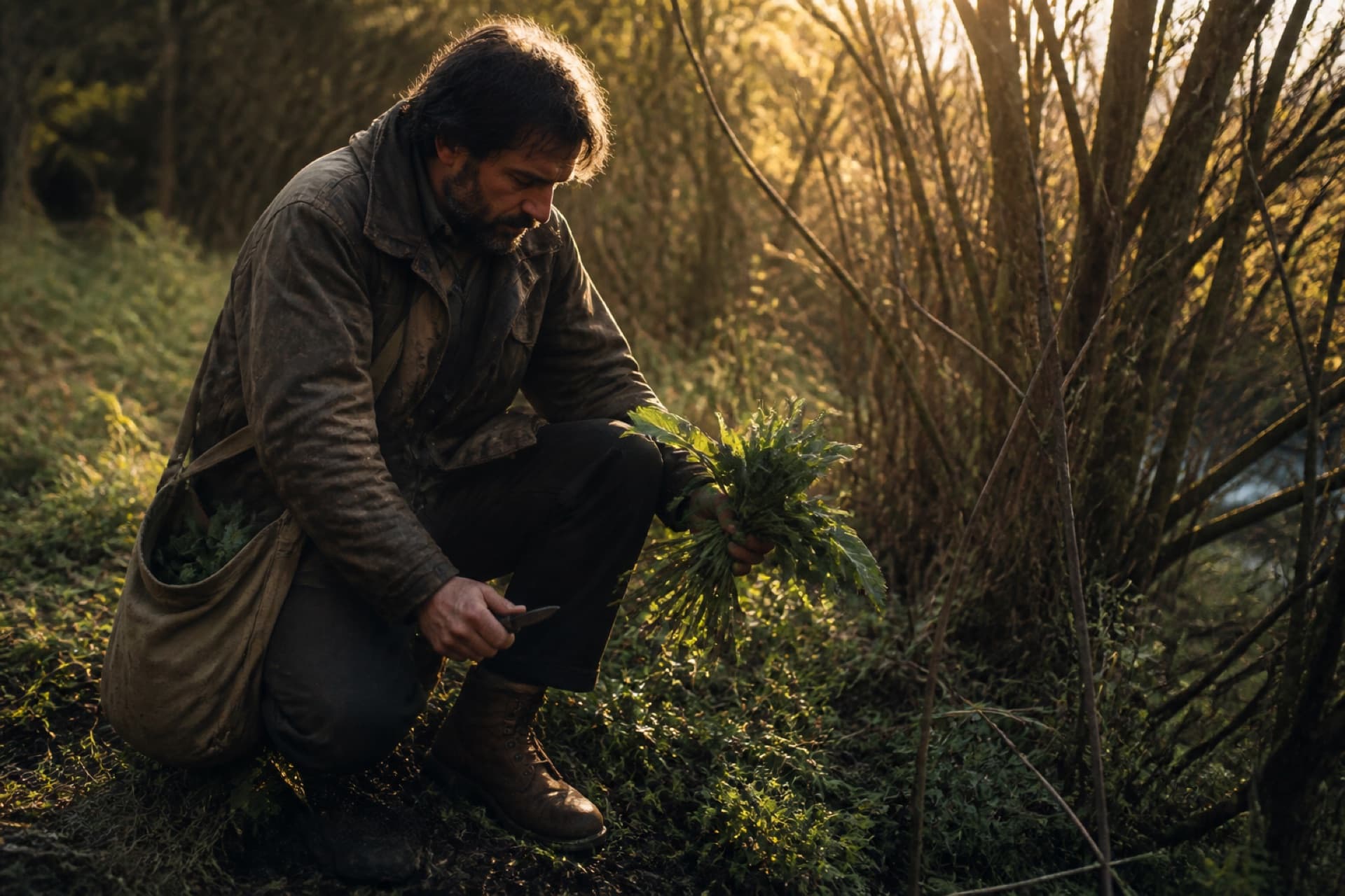 Man gathering comfrey and willow at a woodland edge