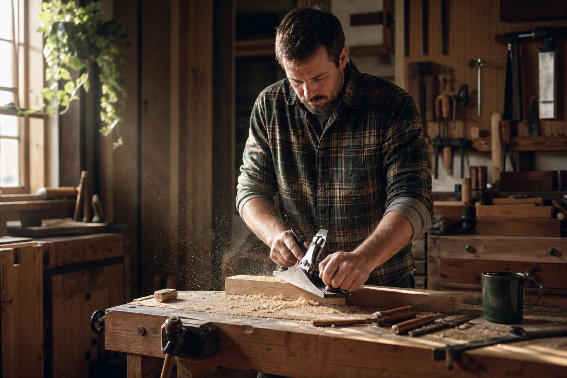 Man hand-planing oak at a sunlit home workbench